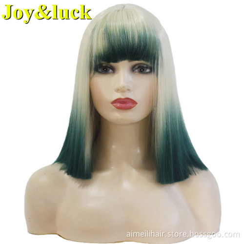 Women's Hairstyle Blonde Ombre Purple Ladies Party Wig With Bangs Short Natural Straight Cosplay Halloween Synthetic Hair Wigs